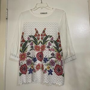 DESIGUAL white lace embroidered floral pattern blouse size Small